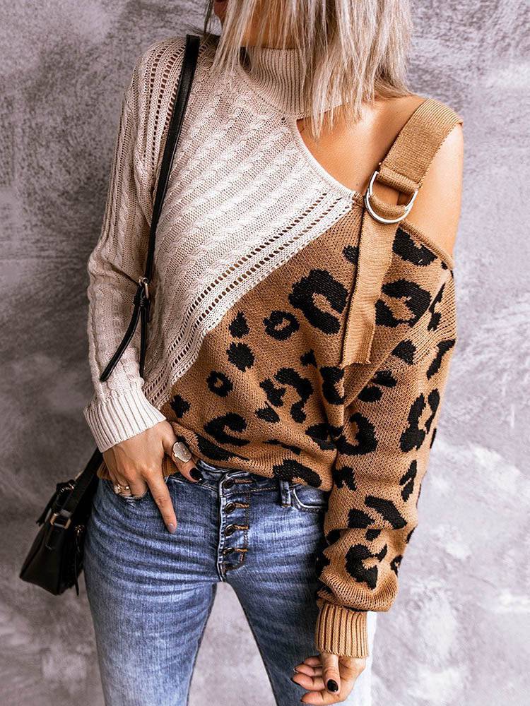 Leopard Print Patchwork Hollow-out Sweater - ECHOINE