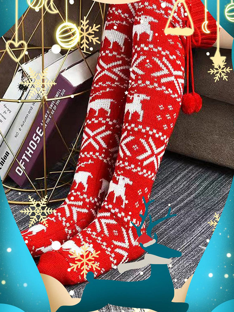 Christmas Elk Snowflake Print Pom Socks - ECHOINE