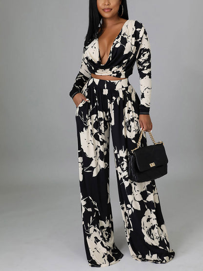 Printed V Neck Crop Top Wide Leg Pant Set - ECHOINE