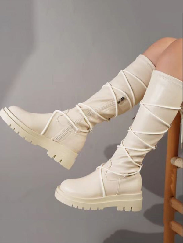 Lace PU Leather Flat Boots - ECHOINE
