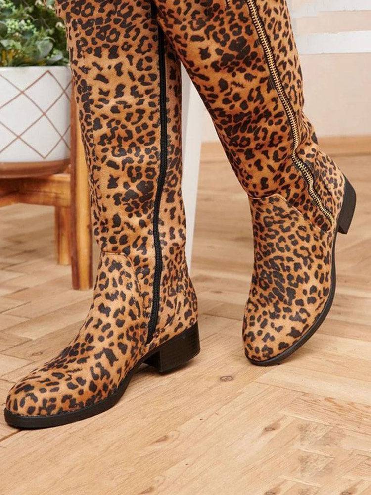 Leopard Print Side Zipper Boots - ECHOINE