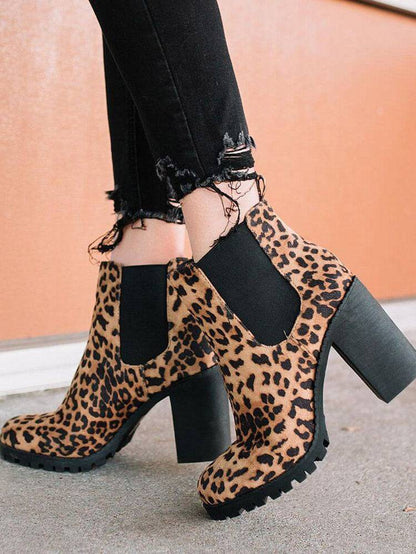 Leopard Print Chunky Heel Boots - ECHOINE
