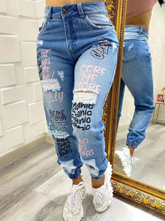 Letter Print Ripped Jeans - ECHOINE