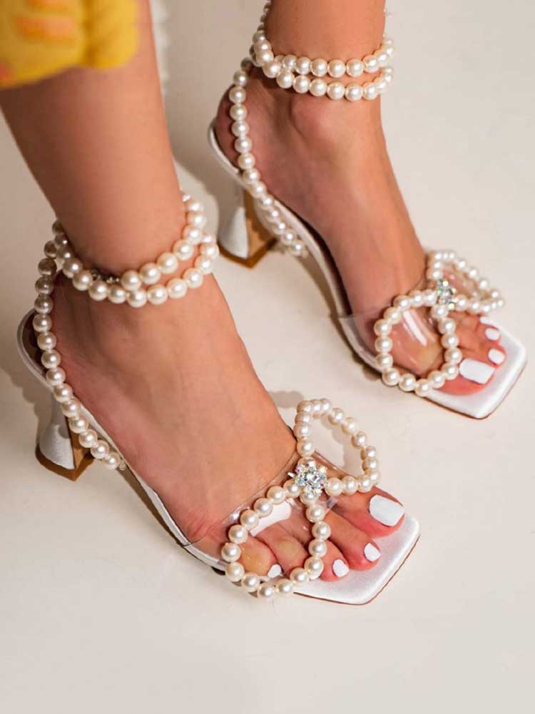 Elegant Square Toe Pearl Bow Heels - ECHOINE