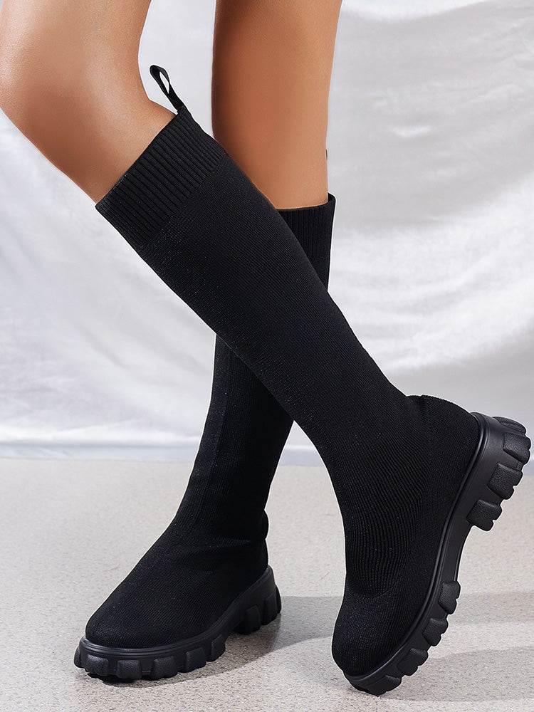 Knitted Flat Heel Sock Boots - ECHOINE