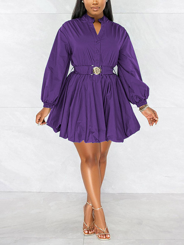 Belted Puffy Sleeve Solid Dress - ECHOINE