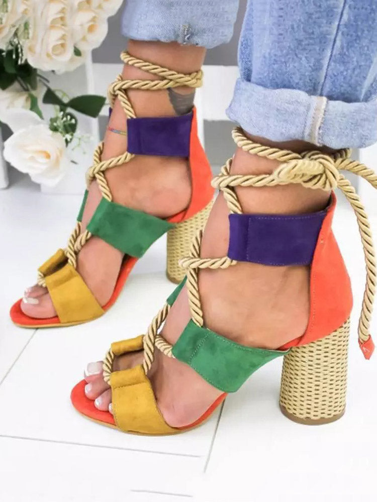 Lace Up Chunky Heel Sandals - ECHOINE