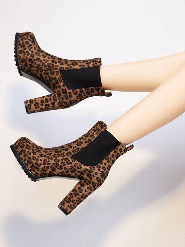 Leopard Print Chunky Heel Boots - ECHOINE