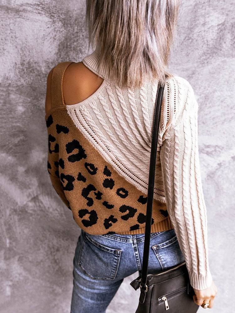 Leopard Print Patchwork Hollow-out Sweater - ECHOINE
