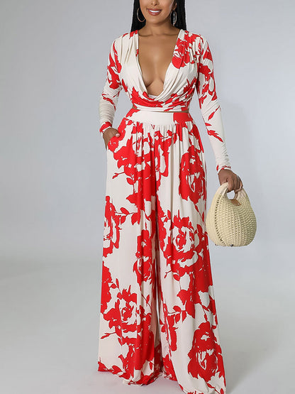 Printed V Neck Crop Top Wide Leg Pant Set - ECHOINE