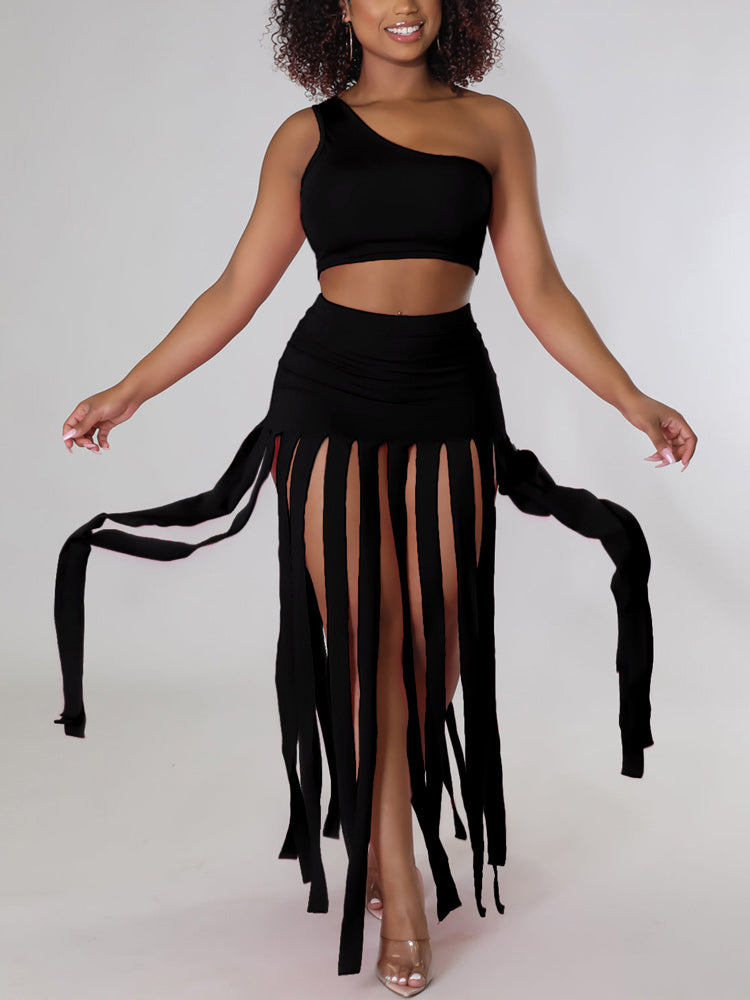 One Shoulder Crop Top Tassel Skirt Set - ECHOINE