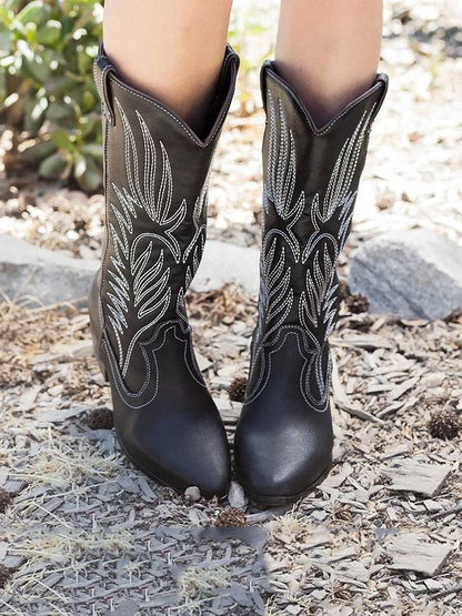 Vintage PU Leather Cowboy Boots - ECHOINE