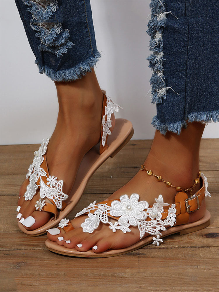 Lace Floral Flat Sandals - ECHOINE