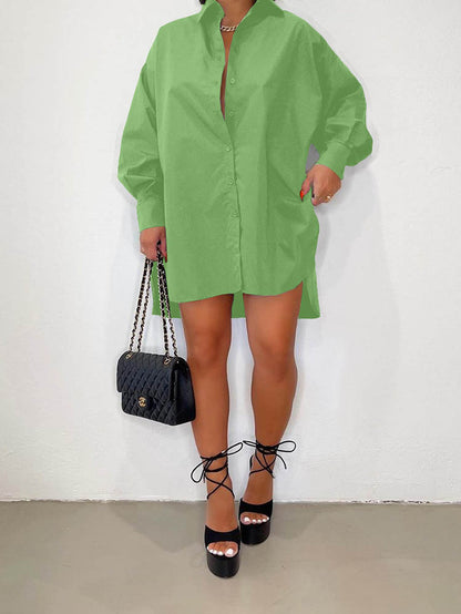 Solid Turndown Collar Shirt Dress - ECHOINE