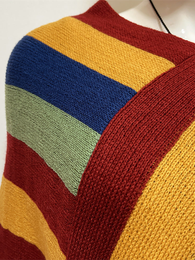 Knitted Striped Tassel Poncho - ECHOINE