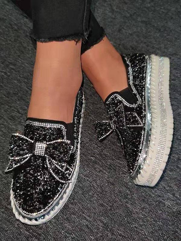 Bowknot Rhinestone Loafers Shoes - ECHOINE