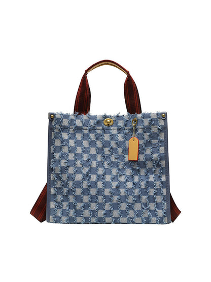 Denim Checkerboard Tote Bag - ECHOINE