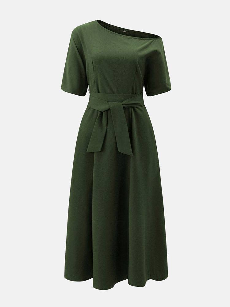 Oblique Neckline Half Sleeve Maxi Dress - ECHOINE
