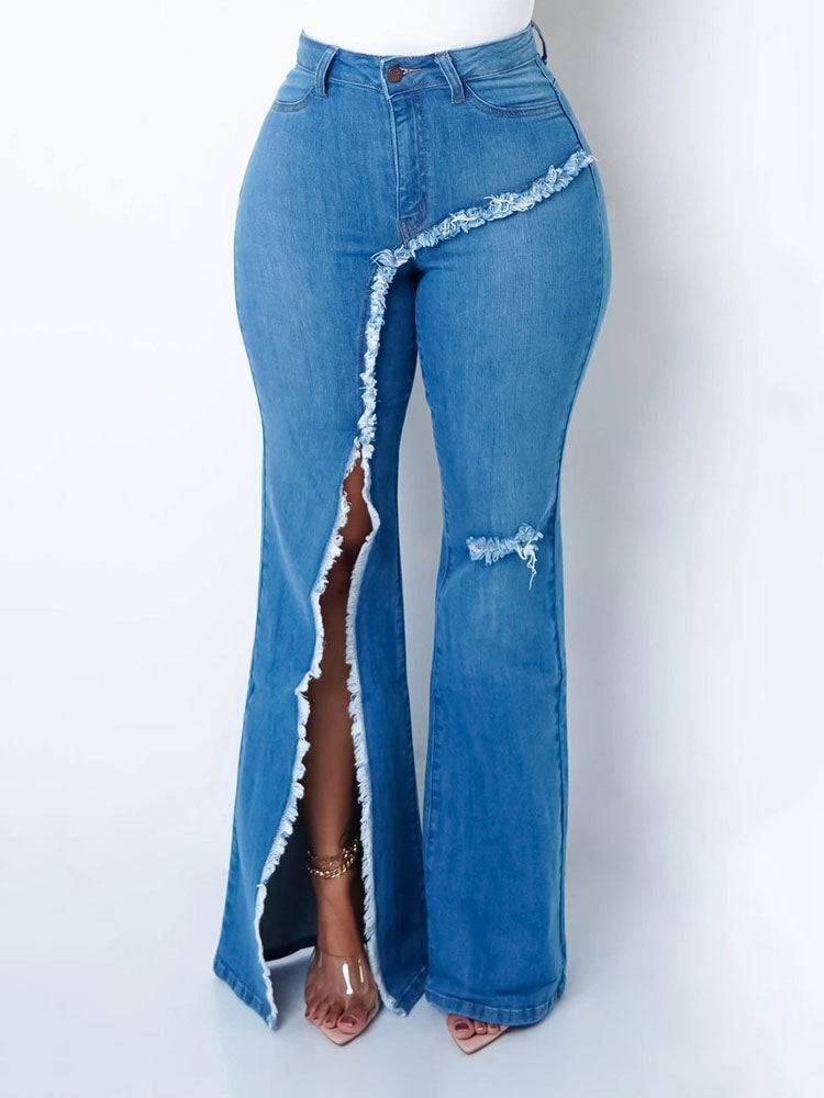 Stretchy Ripped Flared Jeans - ECHOINE