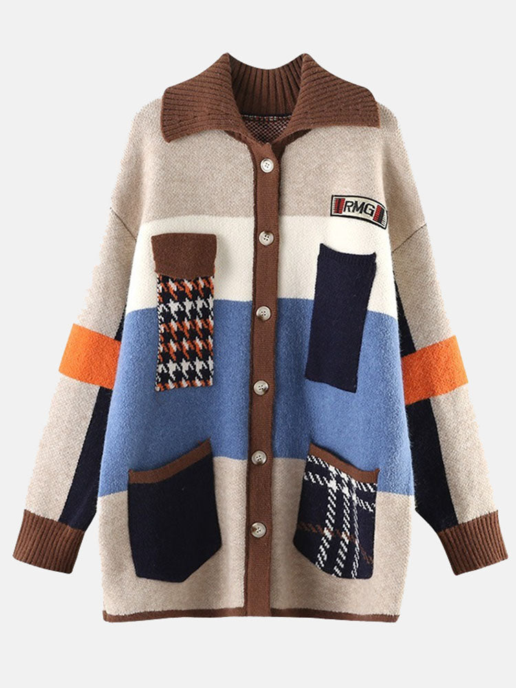 Retro Color Block Sweater Cardigan - ECHOINE