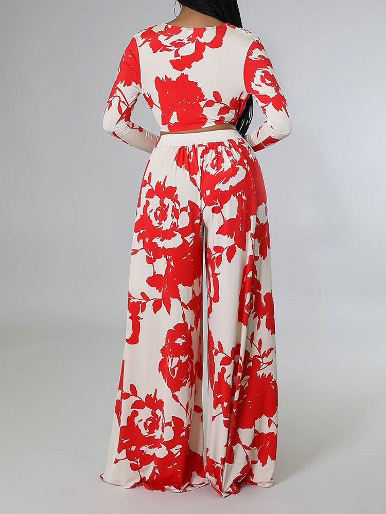 Printed V Neck Crop Top Wide Leg Pant Set - ECHOINE