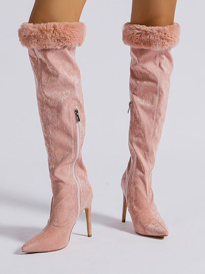 Fuzzy Suede Stiletto Heeled Boots - ECHOINE