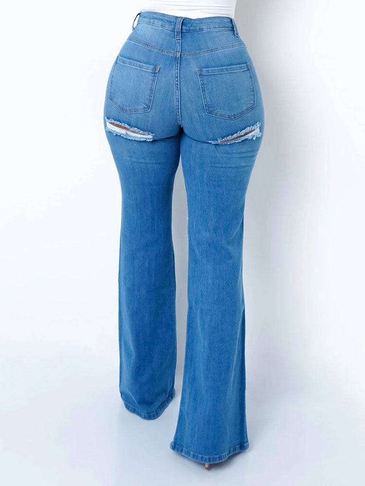 Stretchy Ripped Flared Jeans - ECHOINE