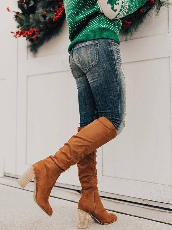 Faux Suede Chunky Heel Boots - ECHOINE