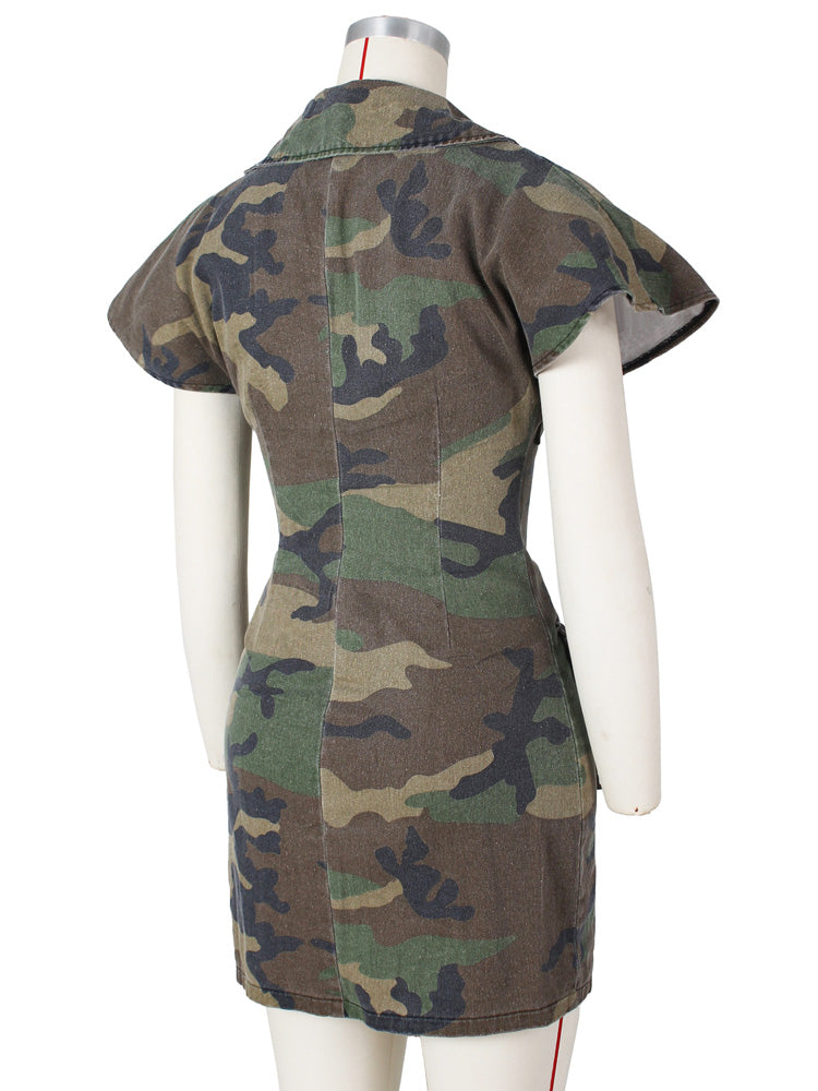 Camouflage Lapels Button Sleeveless Dress with Pockets - ECHOINE