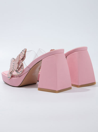 Clear Rhinestone Butterfly Chunky Heels - ECHOINE