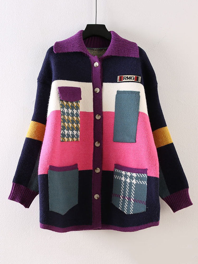 Retro Color Block Sweater Cardigan - ECHOINE