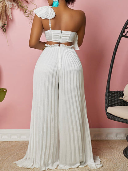 Ruffle One Shoulder Top Pleated Pants Set - ECHOINE