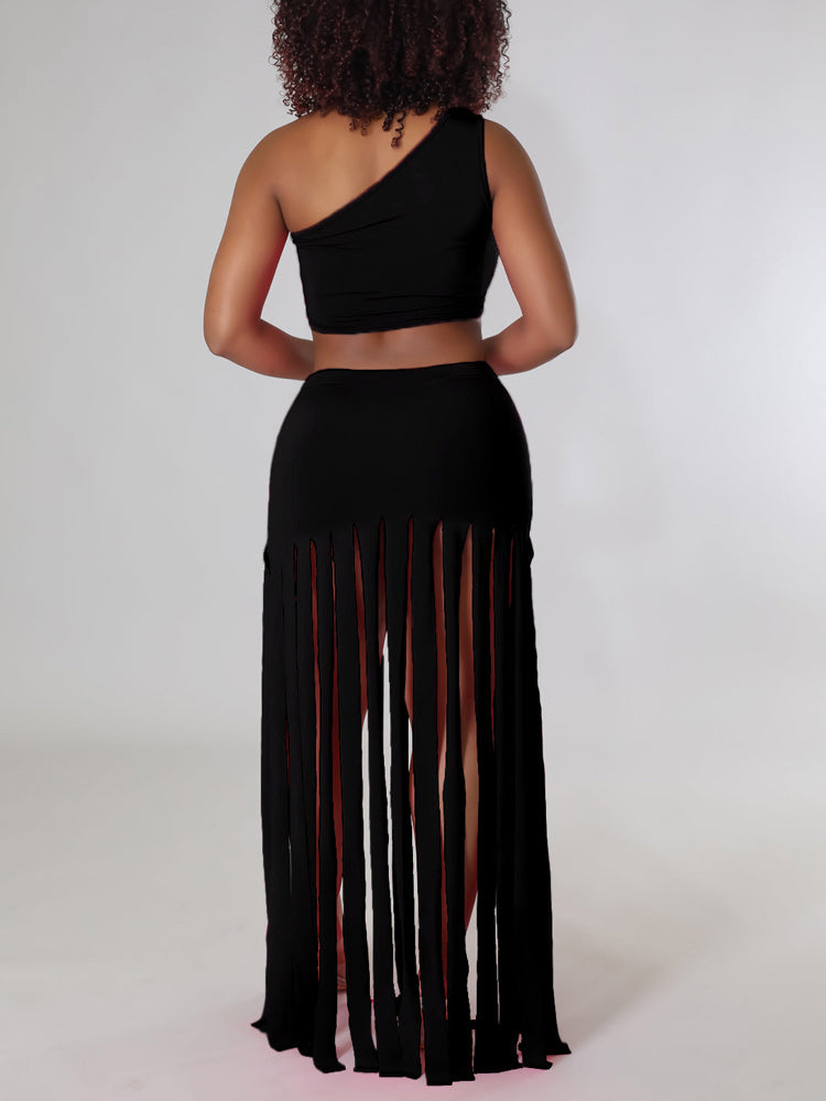 One Shoulder Crop Top Tassel Skirt Set - ECHOINE