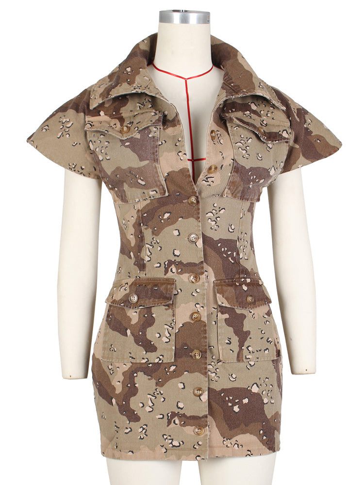 Camouflage Lapels Button Sleeveless Dress with Pockets - ECHOINE