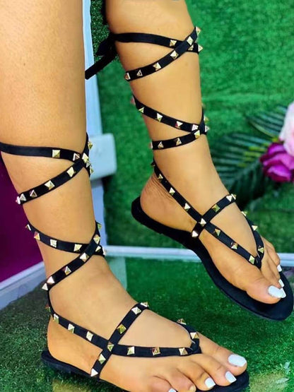 Studded Tie-Up Flat Sandals - ECHOINE