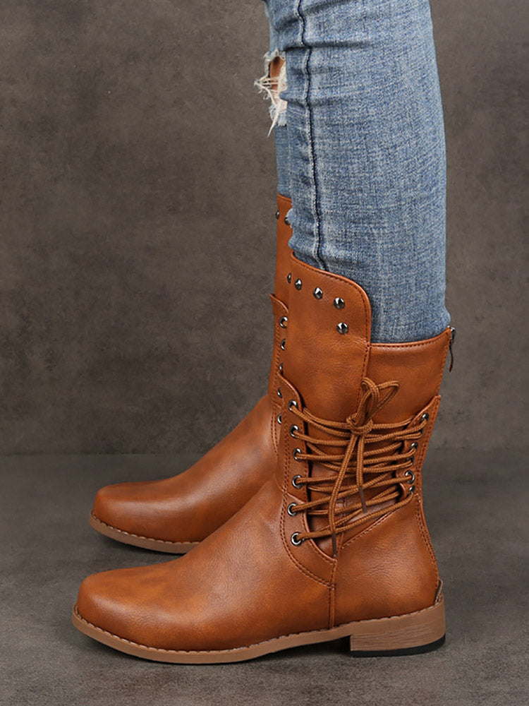 Lace-up PU Studded Boots - ECHOINE