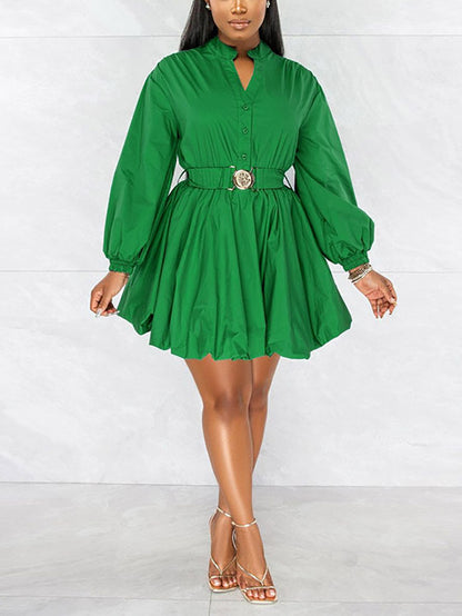 Belted Puffy Sleeve Solid Dress - ECHOINE