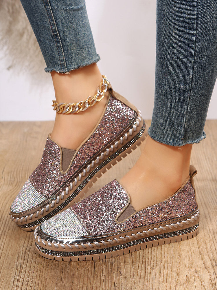 Rhinestone Sequin Slip-on Loafer Shoes - ECHOINE