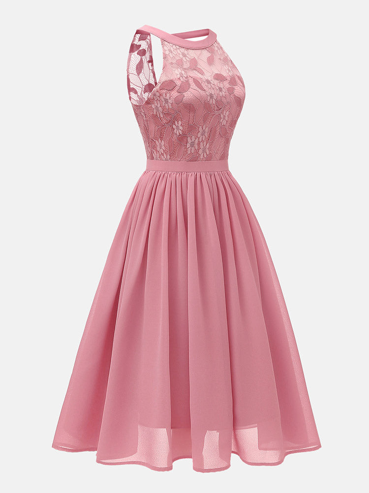 Lace Chiffon Sleeveless Midi Dress - ECHOINE
