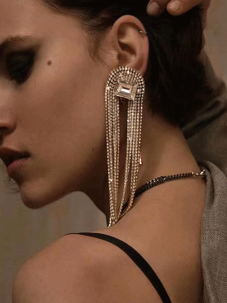 Square Shiny Rhinestone Tassel Earrings - ECHOINE