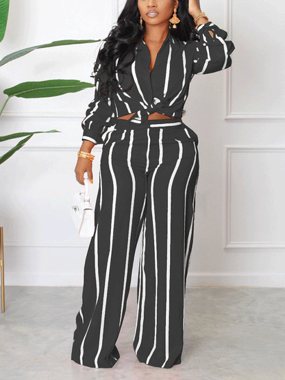 Striped Turndown Collar Long Sleeve Set - ECHOINE