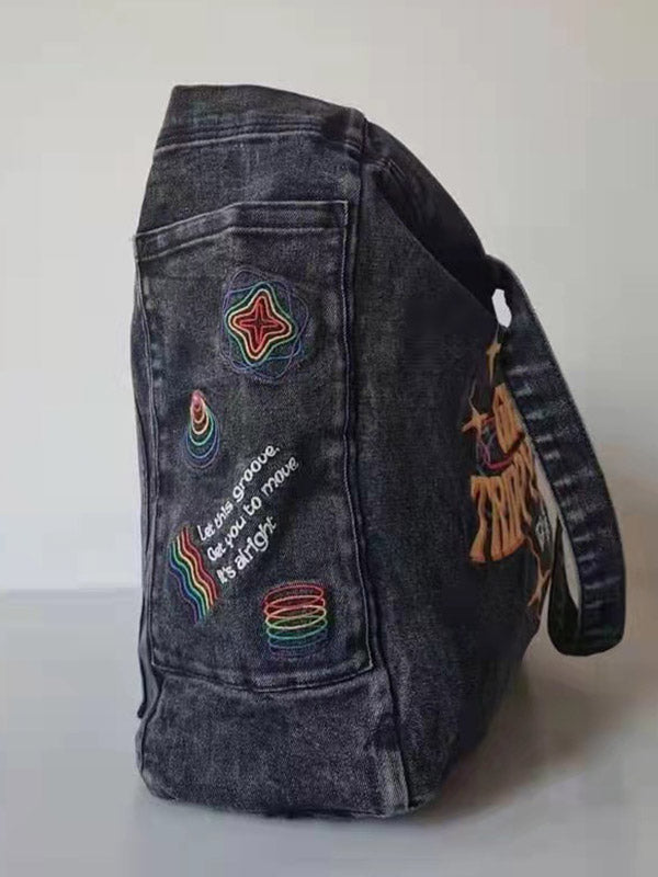 Embroidery Casual Denim Tote Bag - ECHOINE