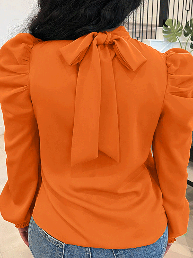 Solid Puff Sleeve Blouse Top - ECHOINE