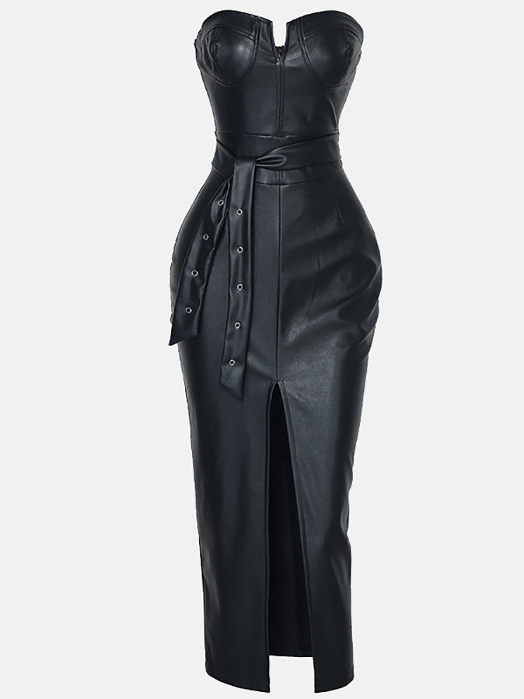 Strapless Split PU Leather Dress - ECHOINE