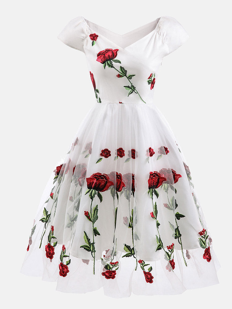 Embroidered Rose Mesh Party Dress - ECHOINE