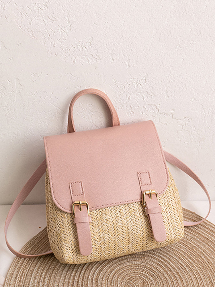 Leather Braided Flap Straw Backpack - ECHOINE