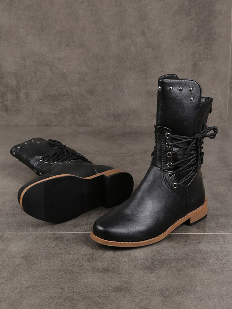 Lace-up PU Studded Boots - ECHOINE