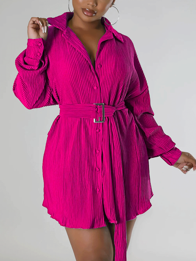 Ruched Long Sleeve Mini Dress With Belt - ECHOINE