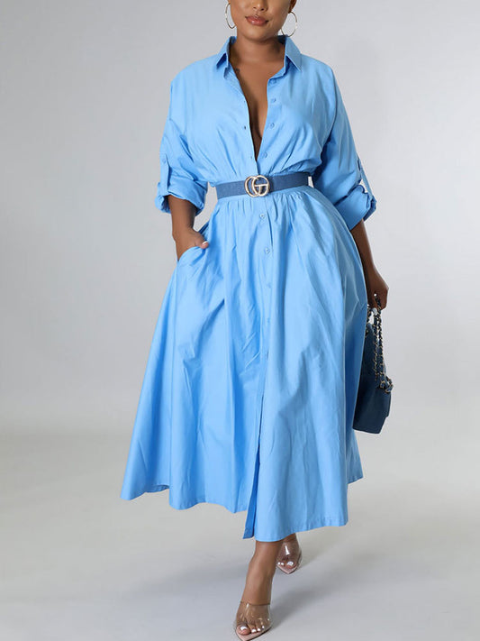 Casual Solid Split Joint Shirt Dress - ECHOINE