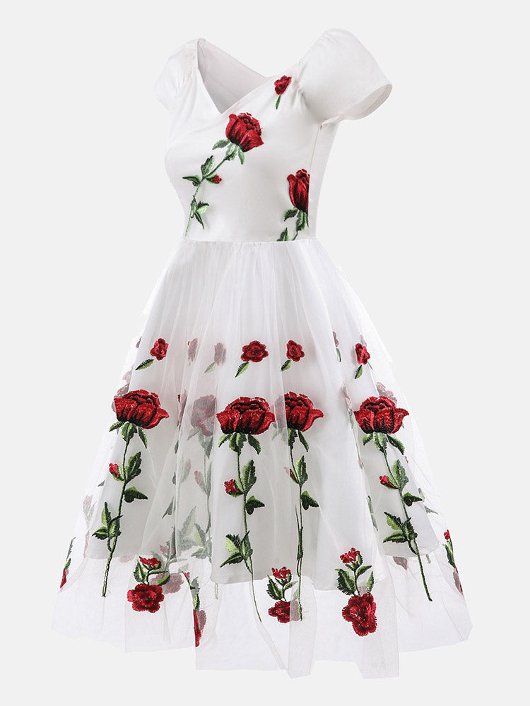 Embroidered Rose Mesh Party Dress - ECHOINE